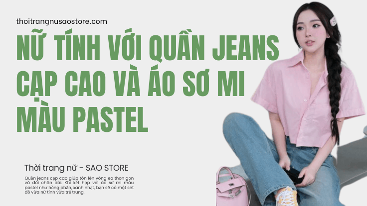 Nữ tính với quần jeans cạp cao và áo sơ mi màu pastel