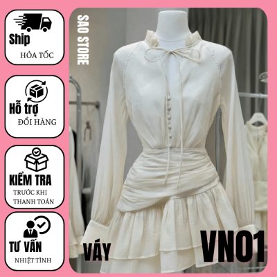 Váy dự tiệc cổ bèo nút bọc chất voan xốp