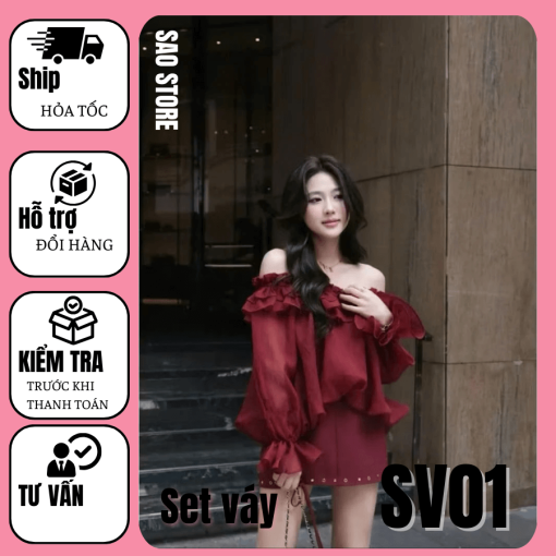 Set váy hẹn hò trễ vai chất tơ mix chân váy