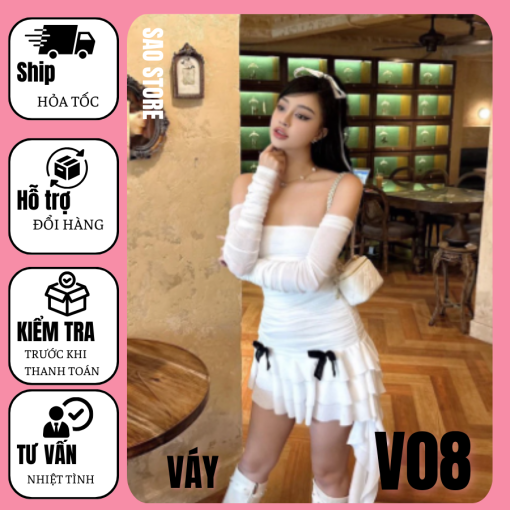 Váy body cup ngực đính nơ V08 Trắng 3