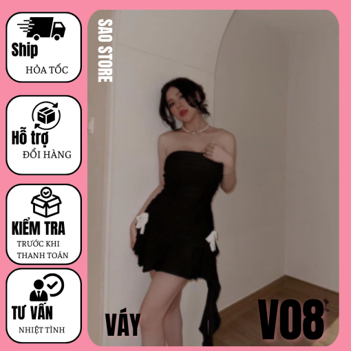 Váy body cup ngực đính nơ V08 Đen