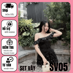 Set áo viền bèo kem chân váy ren tầng SV05 đen