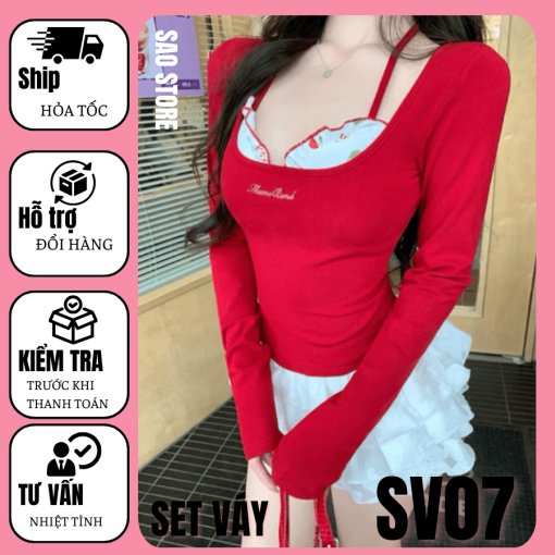 Set Áo Croptop Bèo Ngực Phối Chân Váy Xoè V07 2