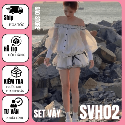 Set váy hẹn hò trễ vai tay bồng viền đen nhún eo dáng xoè SV02 TRẮNG