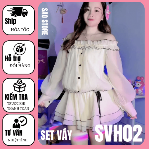 Set váy hẹn hò trễ vai tay bồng viền đen nhún eo dáng xoè SV02 TRẮNG